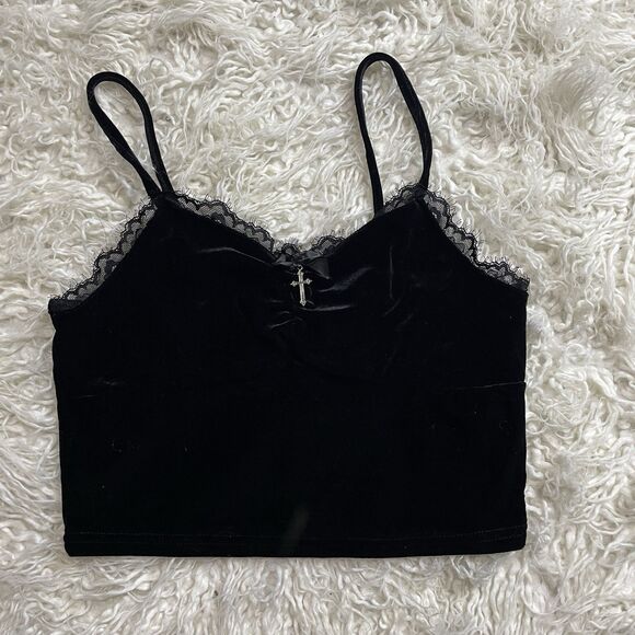 Romwe Camisole Black Velvet And Lace Sexy Goth With Metal Cross Size Medium - Picture 1 of 5